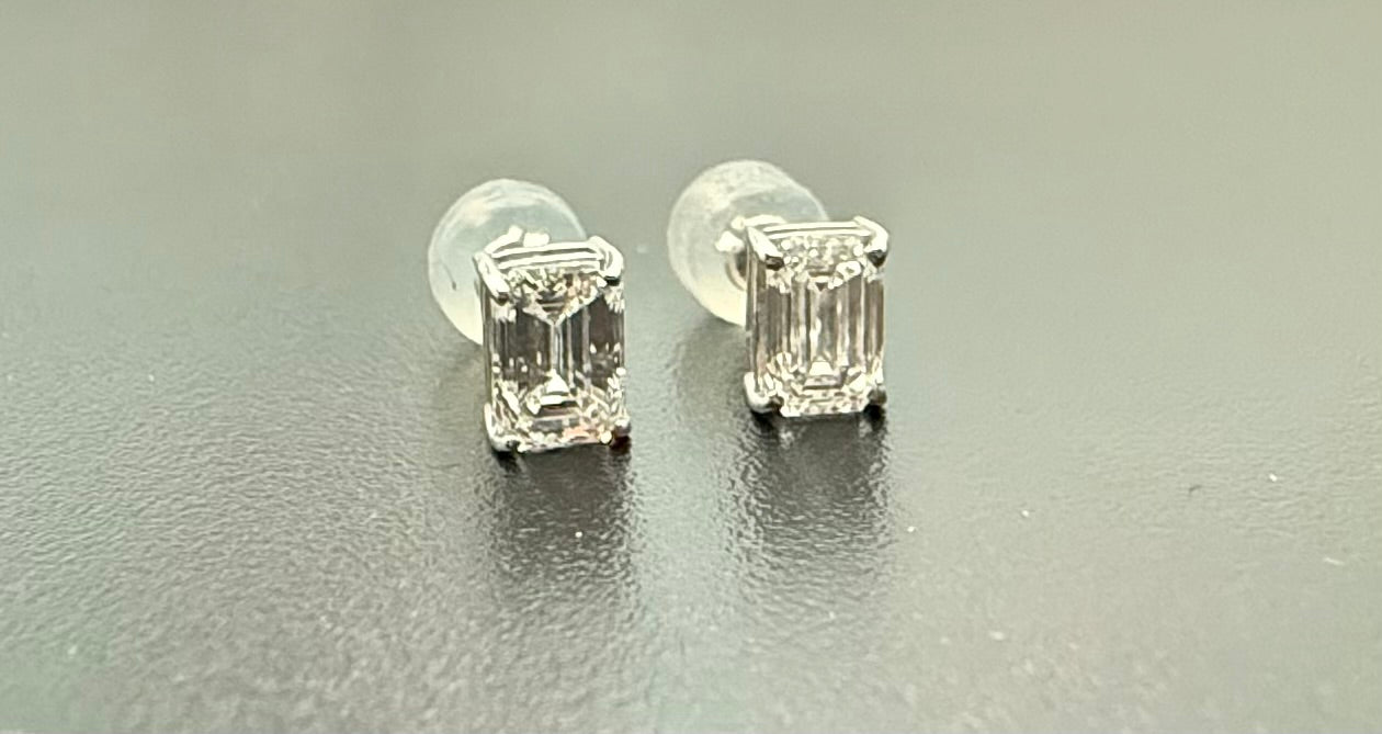 1 Carat Emerald Cut Lab Grown Diamond Stud Earrings | 18K White Gold | Silicone Backing | Minimalist Fine Jewelry | Ethical & Elegant Gift