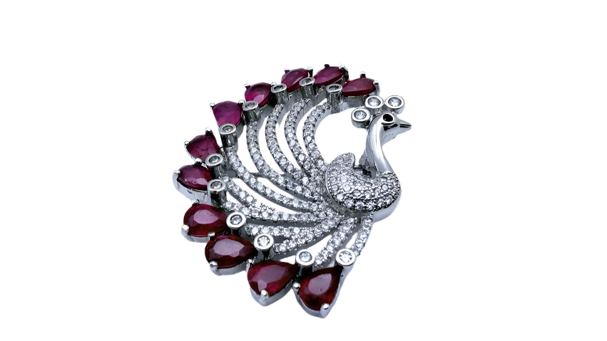Peacock Brooch, Platinum Plated 925 Sterling Silver with Natural Ruby and Cubic Zirconia